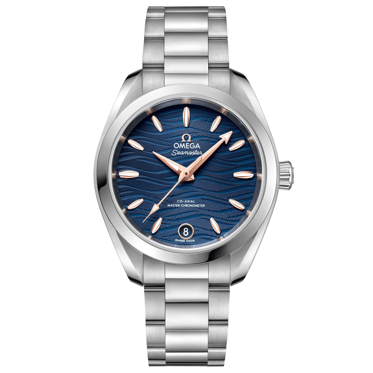 The OMEGA Seamaster Aqua Terra 150M Co-Axial Master Chronometer 34mm Watch, presented in silver, highlights a blue wave-patterned dial with rose gold hour markers and a date window at the 6 o'clock position. It is powered by the robust OMEGA Master Chronometer Calibre 8800 and comes with a durable stainless steel bracelet and single crown, capturing the timeless elegance of the Seamaster Aqua Terra collection.