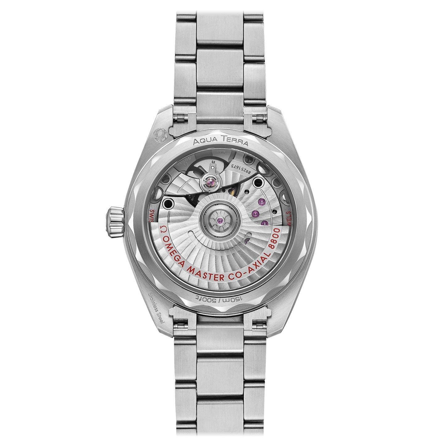 The image displays the back of an OMEGA Seamaster Aqua Terra 150M Co-Axial Master Chronometer 34mm Watch, showcasing its intricate mechanical movement. The words "Seamaster Aqua Terra" are visible, along with details about the OMEGA Master Chronometer Calibre 8800. The bracelet is also made of stainless steel.