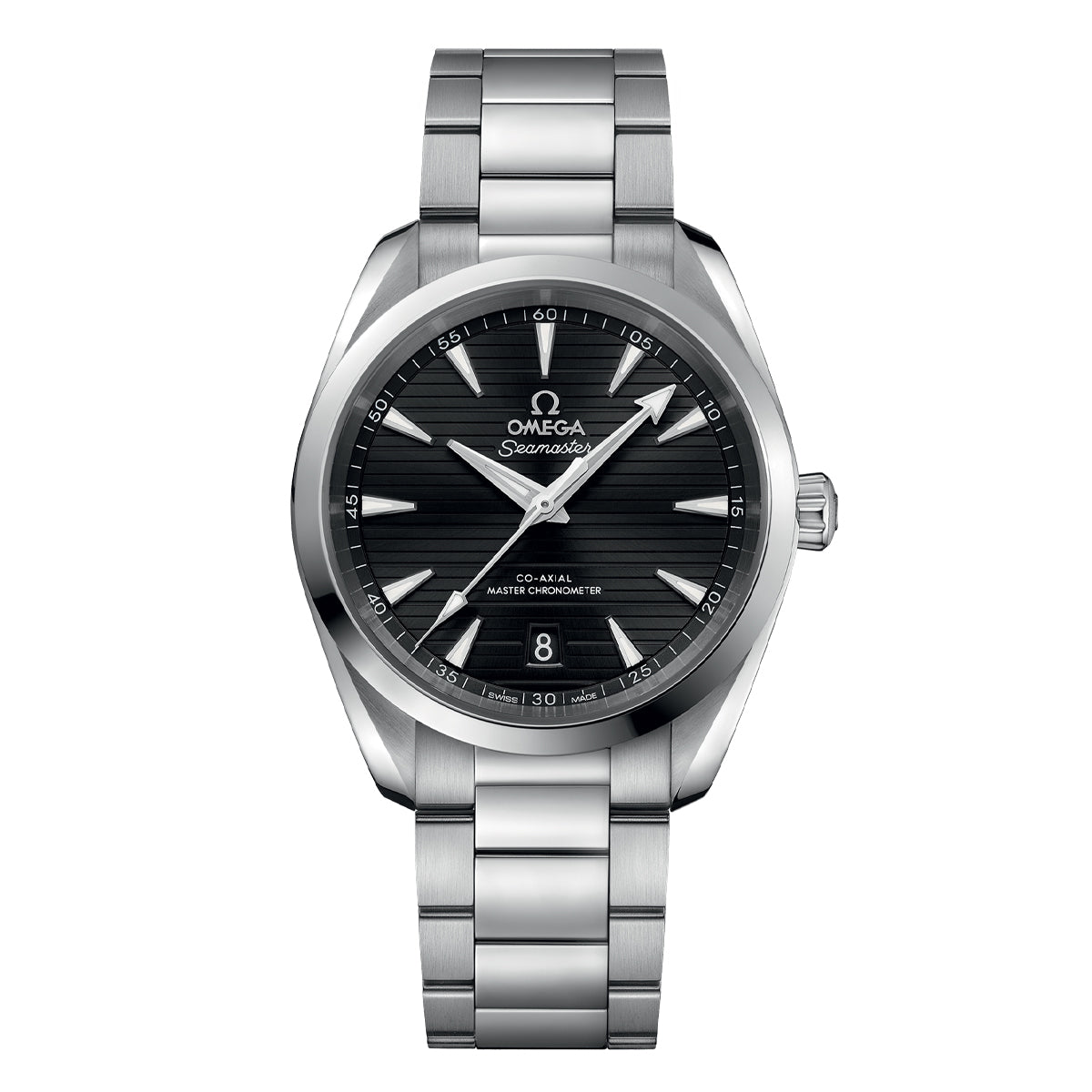 An OMEGA Seamaster Aqua Terra 150M Co-Axial Master Chronometer 38mm watch featuring a silver finish and a stainless steel bracelet. The round black dial includes silver hour markers, a date window at the 6 o'clock position, and is adorned with the text "Omega Seamaster Co-Axial Master Chronometer" at the center.