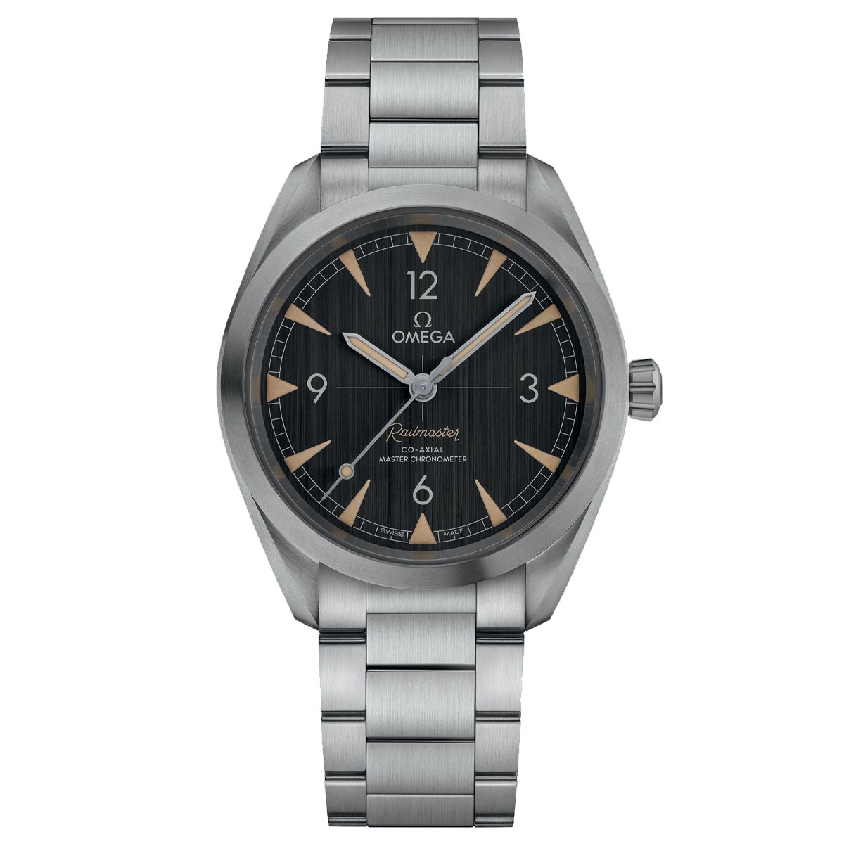 The OMEGA Seamaster Railmaster Co-Axial Master Chronometer 40mm watch is a luxury timepiece featuring a stainless steel strap and a dark round face with the brand name "Omega." It showcases silver hour markers and hands, along with numerals at the 12, 3, 6, and 9 positions.