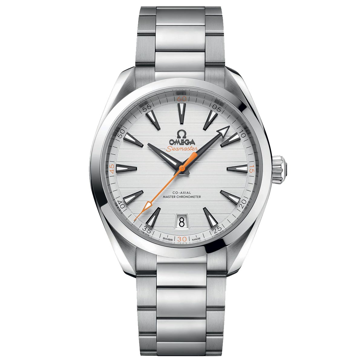 This OMEGA Seamaster Aqua Terra 150M Co-Axial Master Chronometer 41mm Watch showcases a stainless steel case and bracelet in a sleek silver finish. It features a round white dial adorned with black and orange hands, hour markers, and includes a date window positioned at 6 o'clock, with the OMEGA logo prominently displayed just below the 12 o'clock mark.