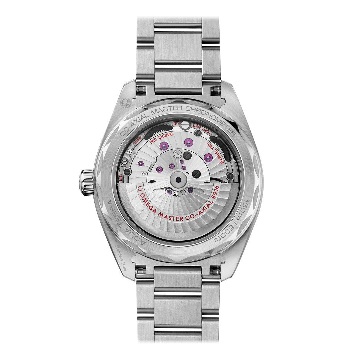 The image showcases the reverse side of an OMEGA Seamaster Aqua Terra 150M Co-Axial Master Chronometer Small Seconds 41mm Watch, featuring a sleek silver metal strap. Through the transparent case, one can admire the intricate mechanical components, including visible gears and jewels. The phrase "Co-Axial Master Chronometer" is gracefully engraved along the edge, capturing the essence of Seamaster Aqua Terra elegance.