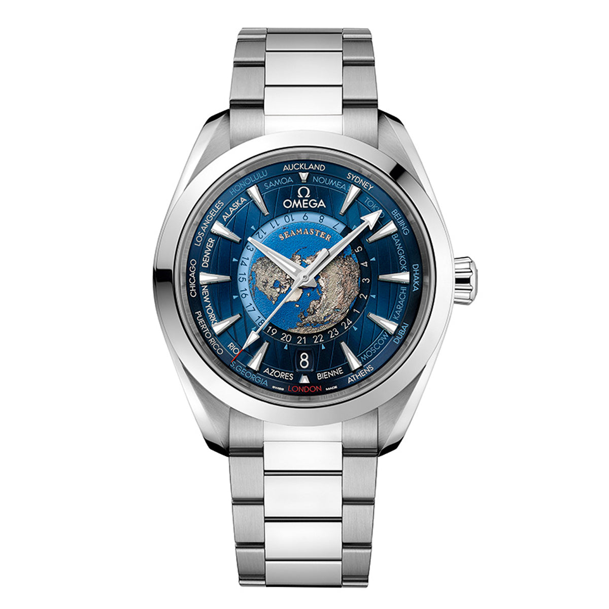 The OMEGA Seamaster Aqua Terra 150M Co-Axial Master Chronometer GMT Worldtimer 43mm Watch boasts a chic stainless steel strap and an intricately detailed blue dial. At the center of its face, you'll find a world map encircled by city names, along with the prominent OMEGA logo and "Seamaster" inscription.