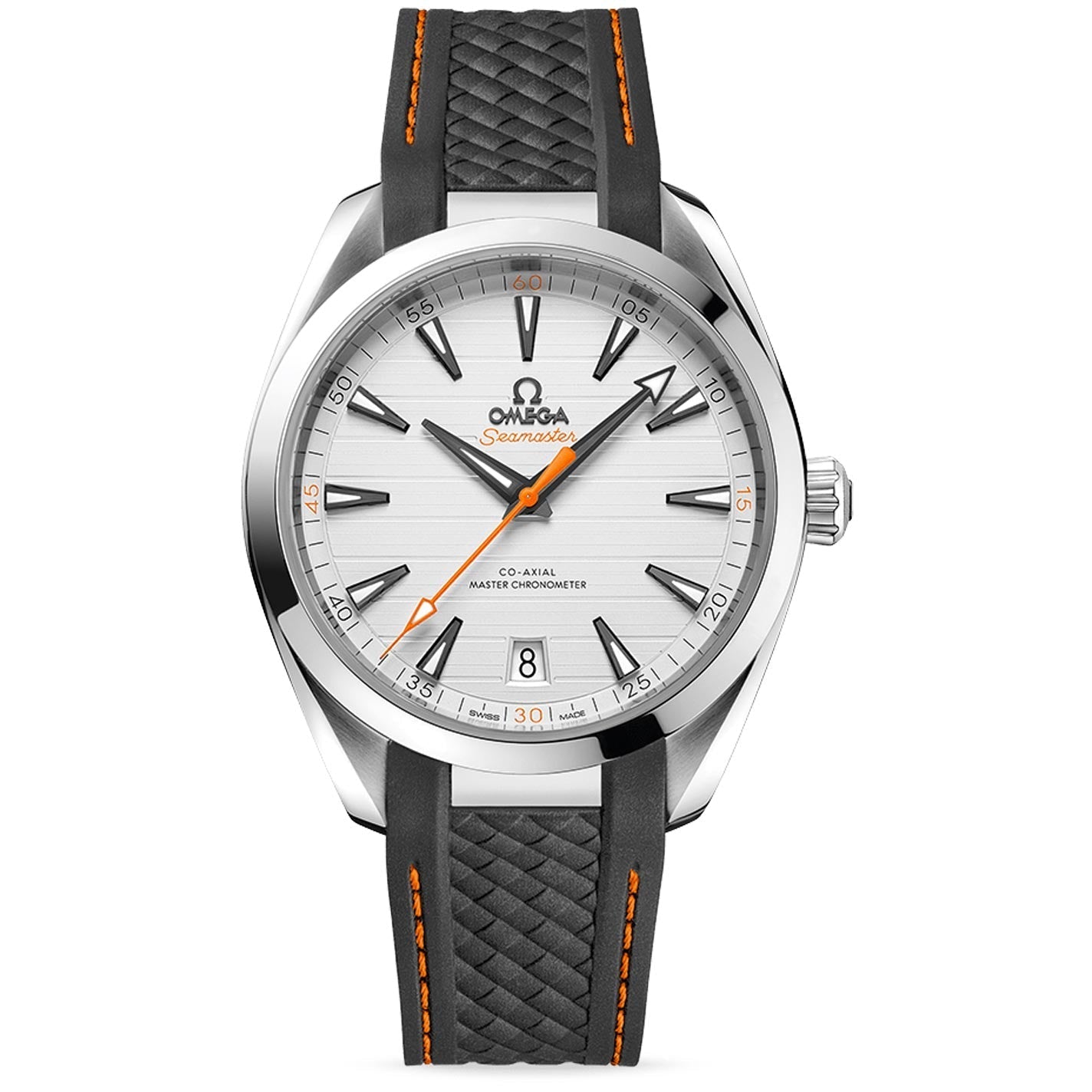 The OMEGA Seamaster Aqua Terra 150M Co-Axial Master Chronometer 41mm Watch boasts a silver dial adorned with black and orange hands, complemented by a black textured strap with orange accents. It features the date display at 6 o'clock, the OMEGA logo on the dial, and is distinguished by a polished stainless steel bezel.