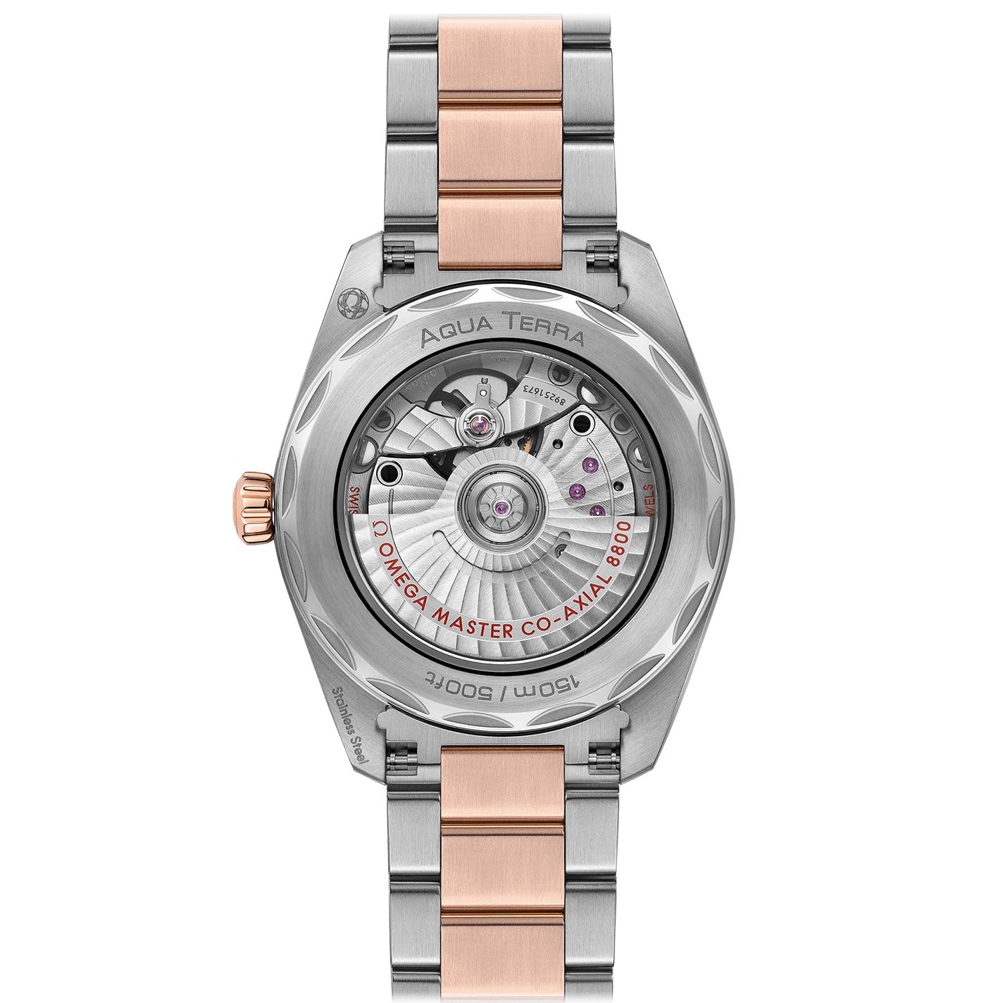 The back view of the OMEGA Seamaster Aqua Terra 150M Co-Axial Master Chronometer 38mm Watch showcases a wristwatch with a stainless steel and rose gold bracelet. Its transparent case reveals complex mechanical movements, featuring gears and inscriptions such as "OMEGA Master Chronometer Calibre 8800" and "Seamaster Aqua Terra." The inclusion of 18K Sedna™ gold adds an elegant touch to its design.