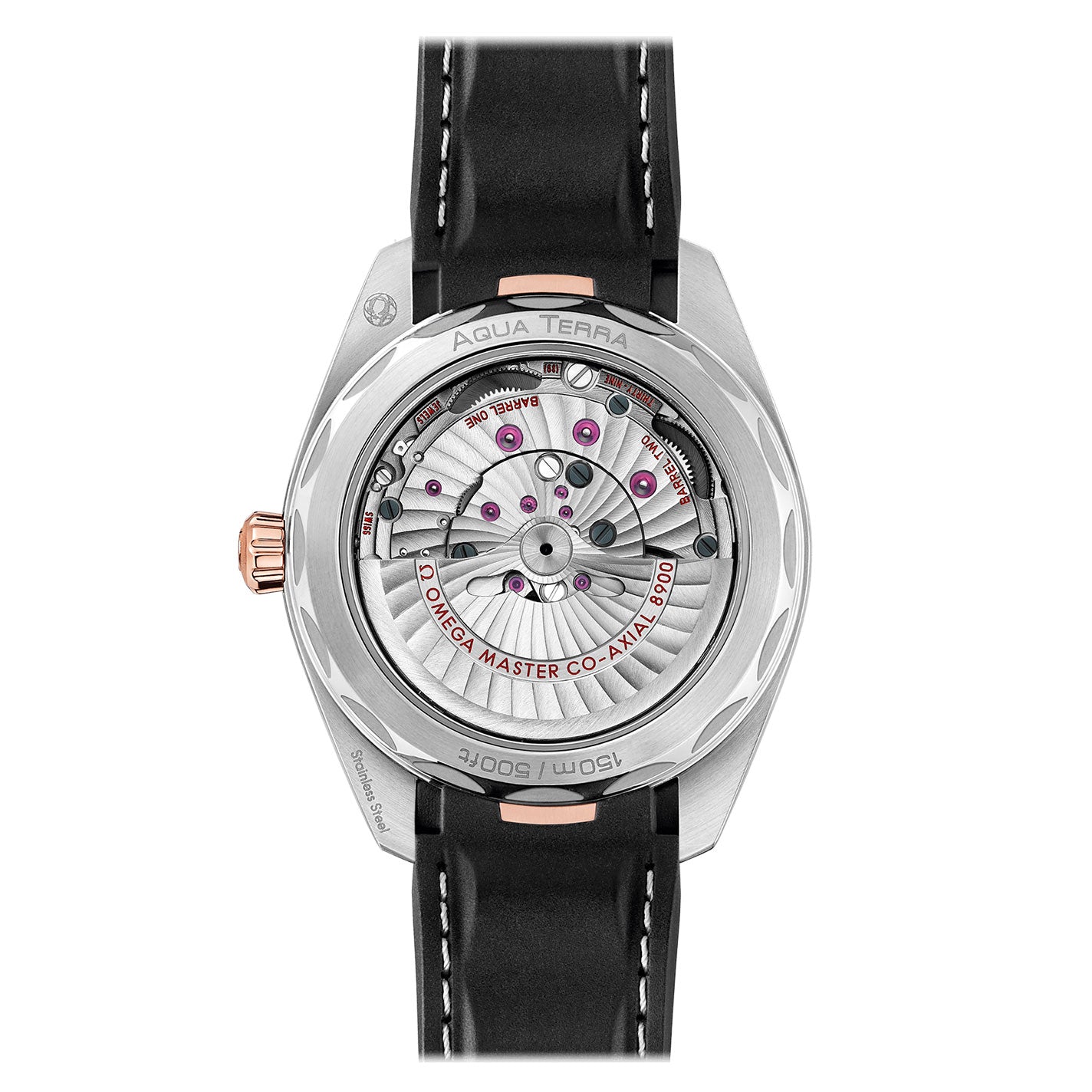 The image features the back of the OMEGA Seamaster Aqua Terra 150M Co-Axial Master Chronometer 41mm watch, revealing the Co-Axial 8900 movement through its transparent case back. It comes with a black leather strap accented by white stitching and rose gold details, highlighting its status as a Master Chronometer.