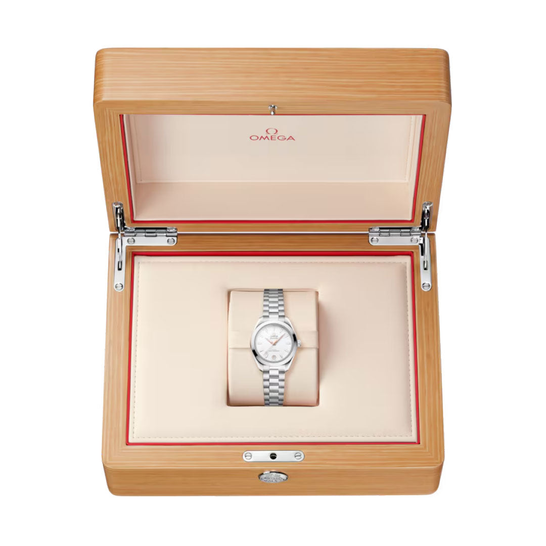 An OMEGA Seamaster Aqua Terra 150M Co-Axial Master Chronometer 30mm watch is presented in an open beige and wooden OMEGA-branded box.
