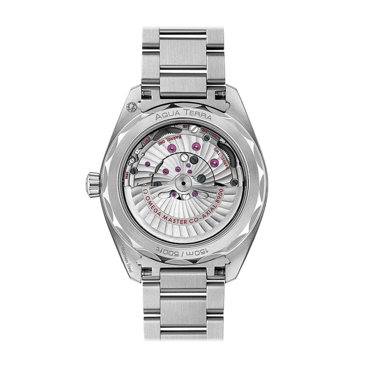 Close-up of the OMEGA Seamaster Aqua Terra 150m Co-Axial Master Chronometer 41mm Watch showcasing a silver wristwatch with a transparent case back that reveals its intricate mechanical movements. The phrases "Seamaster Aqua Terra" and "OMEGA Master Chronometer" are elegantly engraved on the case back, epitomizing precision and style. The watch features a sleek metal bracelet reminiscent of luxury sailboats.