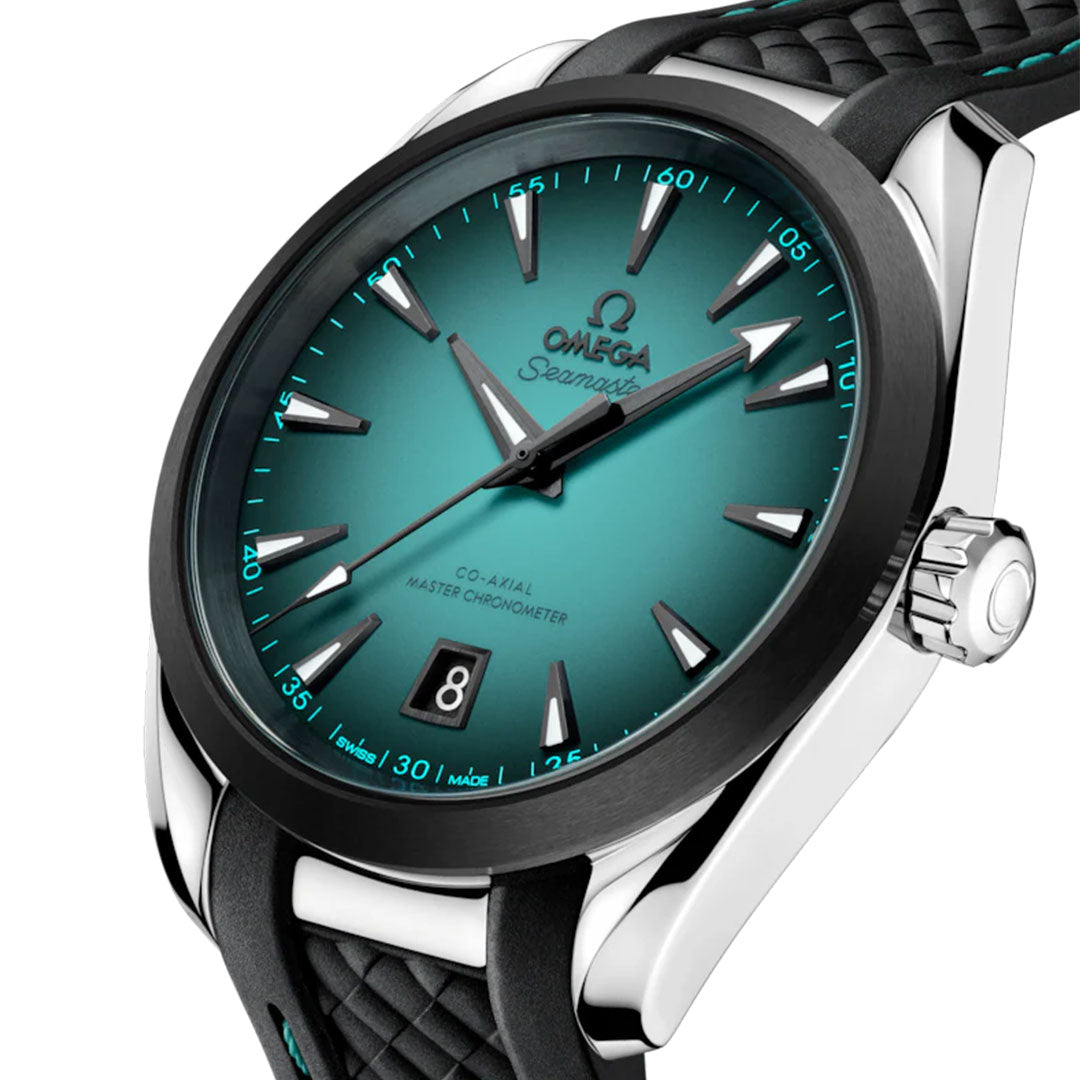 A close-up of the OMEGA Seamaster Aqua Terra 150M Co-Axial Master Chronometer 38mm Watch, featuring a teal gradient dial, silver markers, black bezel, date at 6 o’clock, and a black strap with teal stitching.
