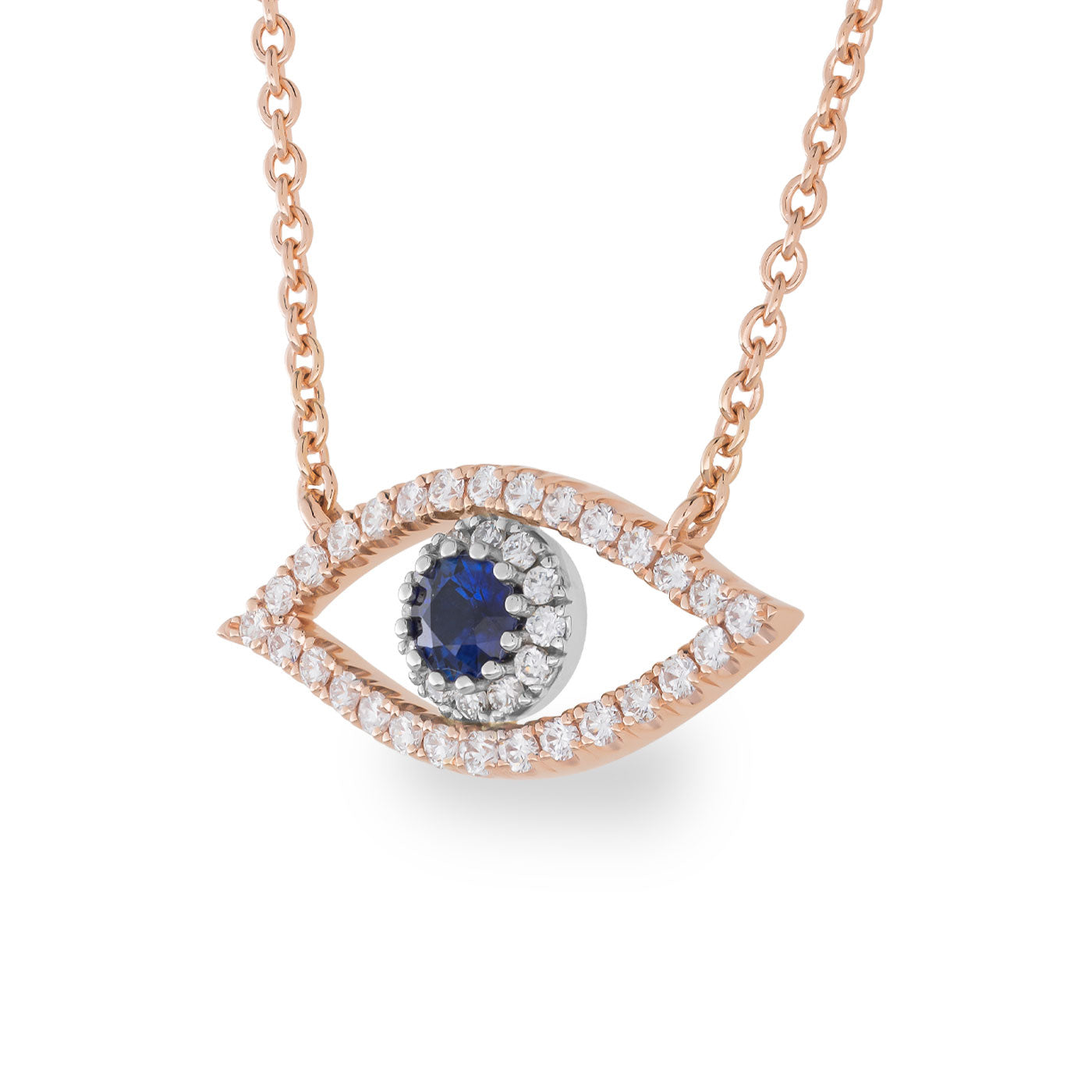 Introducing the Raffi&Co.® 14K Rose Gold Sapphire with Diamond Evil Eye Necklace Pendant, featuring a central dark blue sapphire elegantly surrounded by sparkling diamond accents. This exquisite piece is set on a luxurious 14K rose-gold chain, combining elegance with protective charm.
