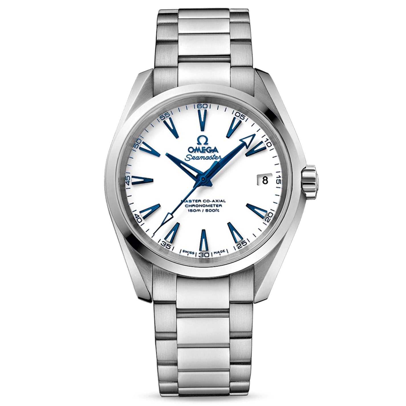 The OMEGA Seamaster Aqua Terra 150M Co-Axial Master Chronometer 38.5mm Watch has a stainless steel case and showcases a white dial with blue hour markers and hands, along with a date window positioned at 3 o'clock. It is powered by the Master Co-Axial calibre 8500 and features a metal bracelet with a brushed finish.