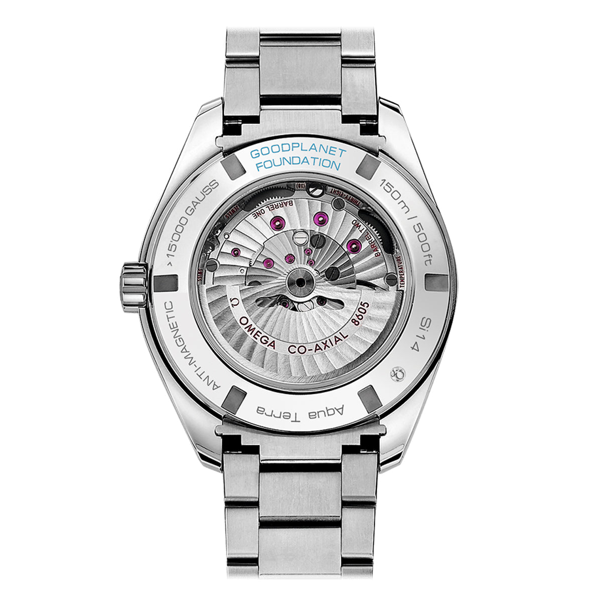 The image displays the rear view of an OMEGA Seamaster Aqua Terra 150M Co-Axial Master Chronometer GMT 43mm Watch GoodPlanet, showcasing its stainless steel construction and a transparent case back that unveils the detailed mechanical movement inside. The outer rim features engravings such as "GoodPlanet Foundation" and "Omega Co-Axial," underscoring its connection to environmental conservation.
