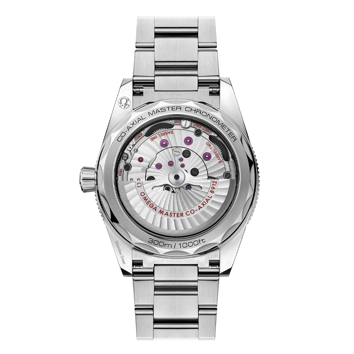 The image displays the back view of an OMEGA Seamaster 300 Co-Axial Master Chronometer 41mm watch. This silver wristwatch features a transparent caseback that reveals its intricate gears and mechanical movement. The stainless steel model sports a brushed finish on the band, underscoring its timeless elegance.