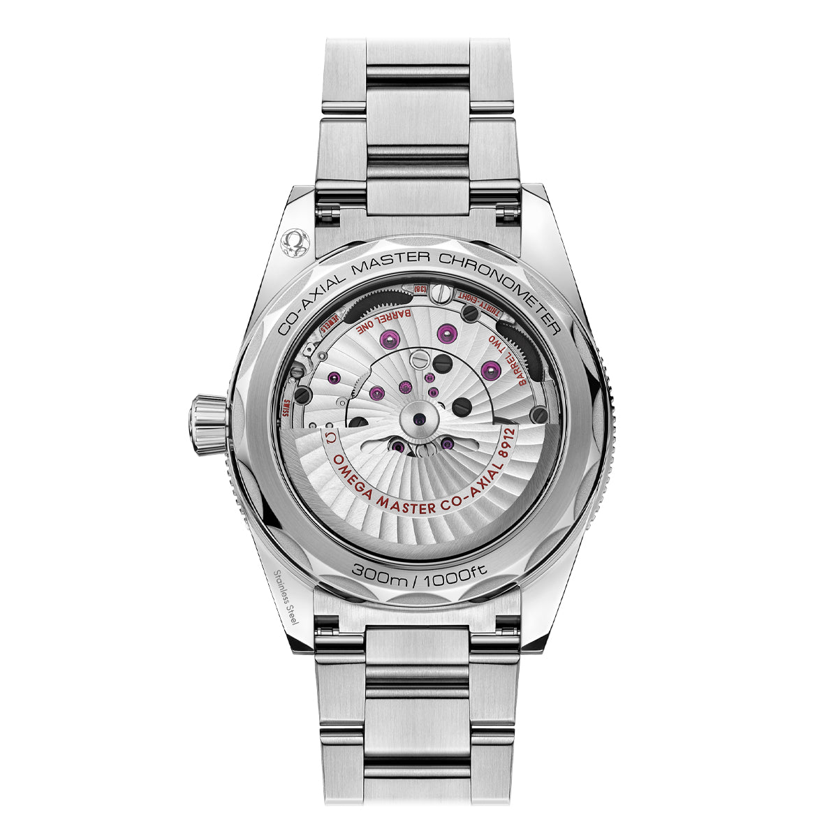 The image displays the back of an OMEGA Seamaster 300 Co-Axial Master Chronometer 41mm Watch, featuring a polished stainless steel bracelet. The visible inner mechanics and inscriptions, such as "CO-AXIAL MASTER CHRONOMETER" and "300m/1000ft," highlight the intricate detailing and craftsmanship of this diving timepiece.