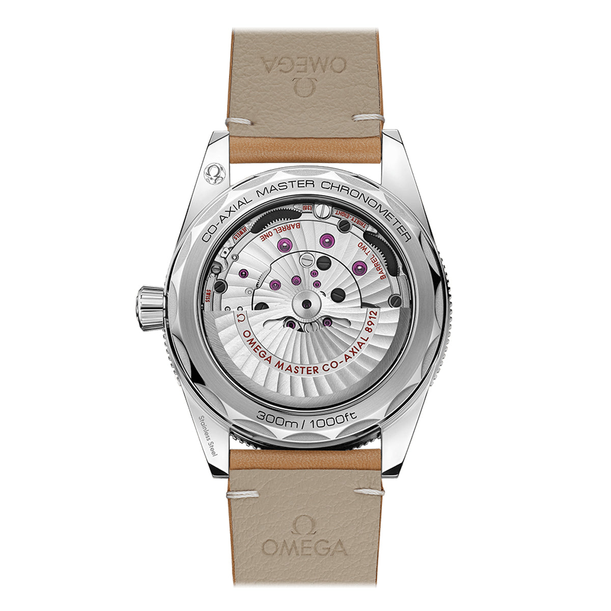 The rear view of the OMEGA Seamaster 300 Co-Axial Master Chronometer 41mm Watch reveals its complex mechanical movement and features, paired with a brown leather strap. The stainless steel case is engraved with "Co-Axial Master Chronometer" on the back, reflecting the heritage of the Seamaster 300.