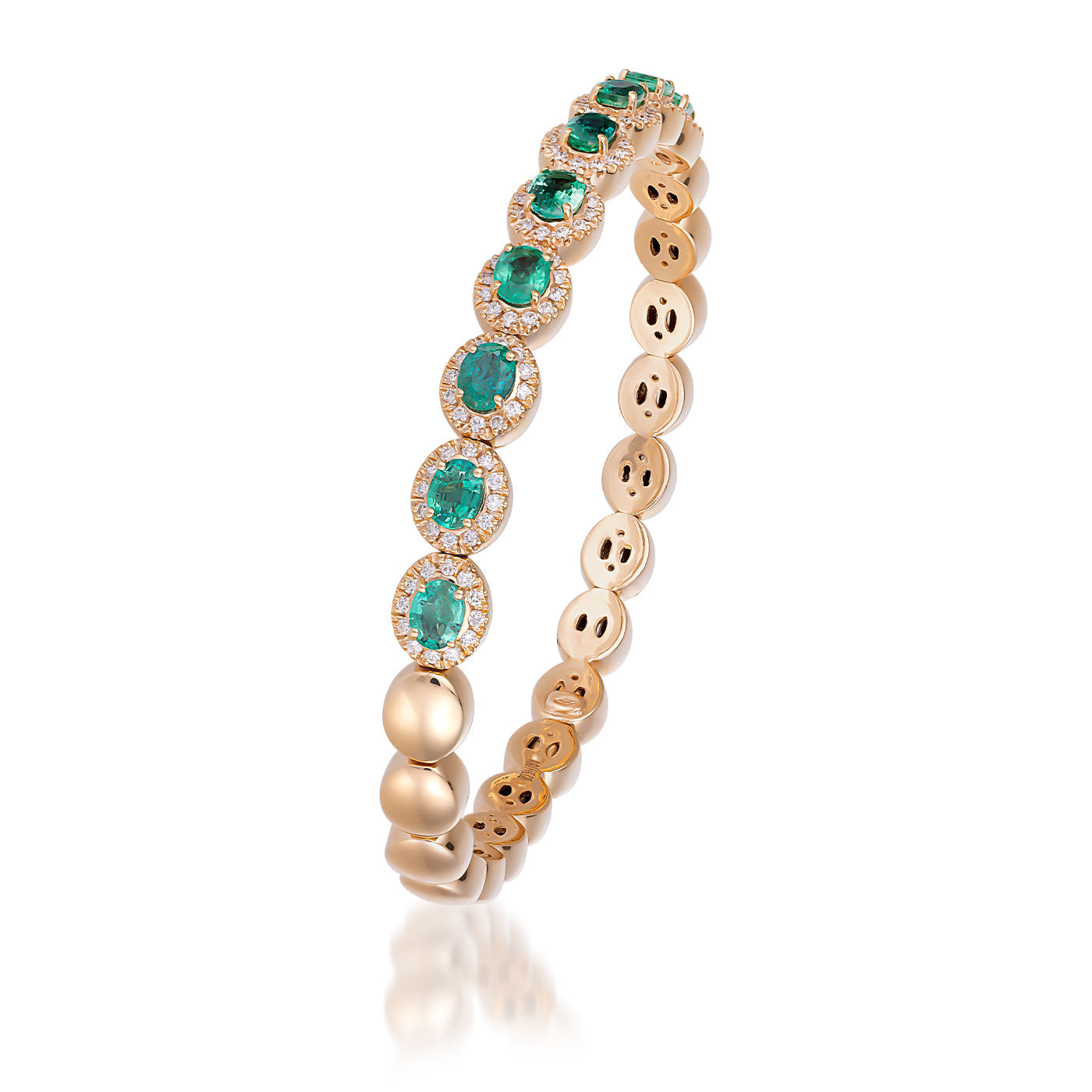 Raffi&Co.® presents the 18K Rose Gold Oval Emerald with Diamond Accent Bracelet, featuring oval emerald gemstones surrounded by halos of small diamonds. Its interconnected circular design and shimmering surface highlight the bracelet's elegant and luxurious appeal.