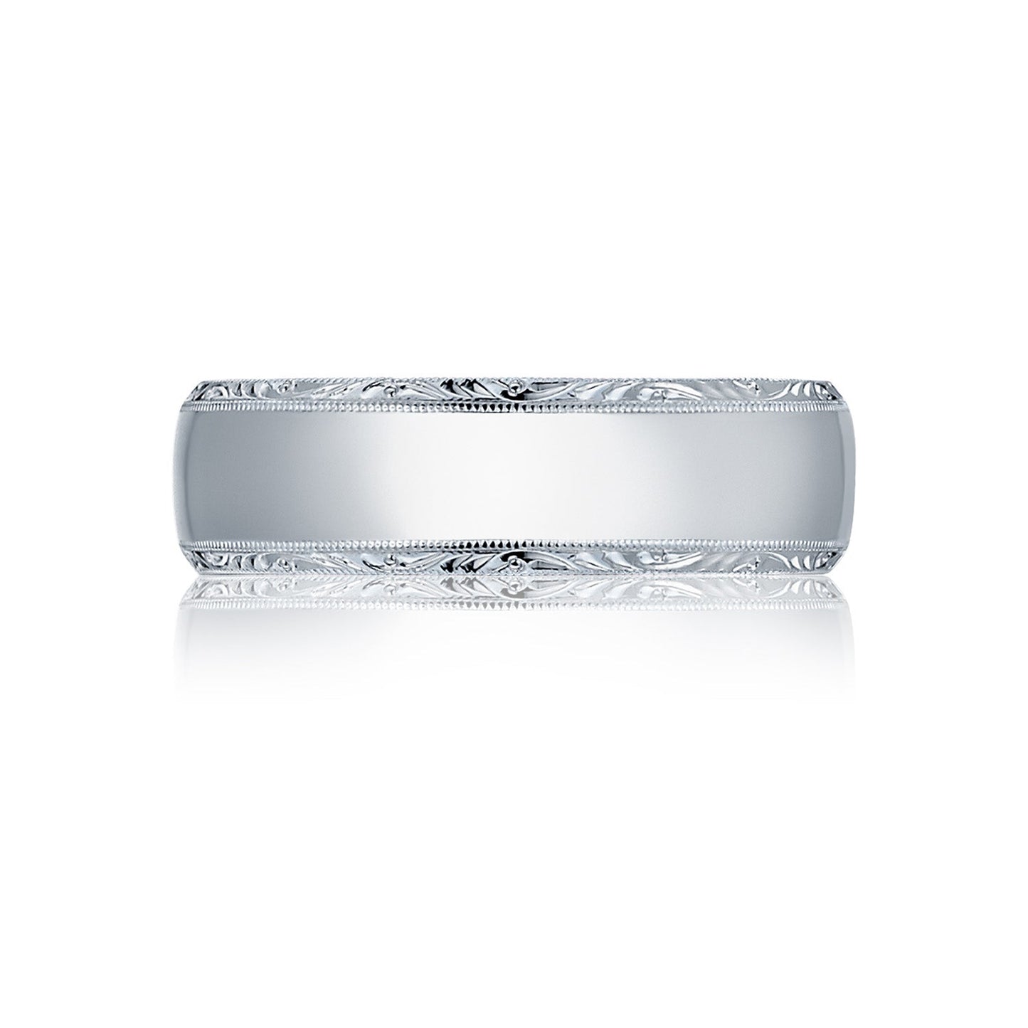 The Tacori Platinum Wedding Band, crafted by Tacori, features intricate floral engravings encircling the edge. Its surface is smooth and shiny, reflecting light beautifully. The band presents a design that is simultaneously simple and elegant, set against a plain white background.