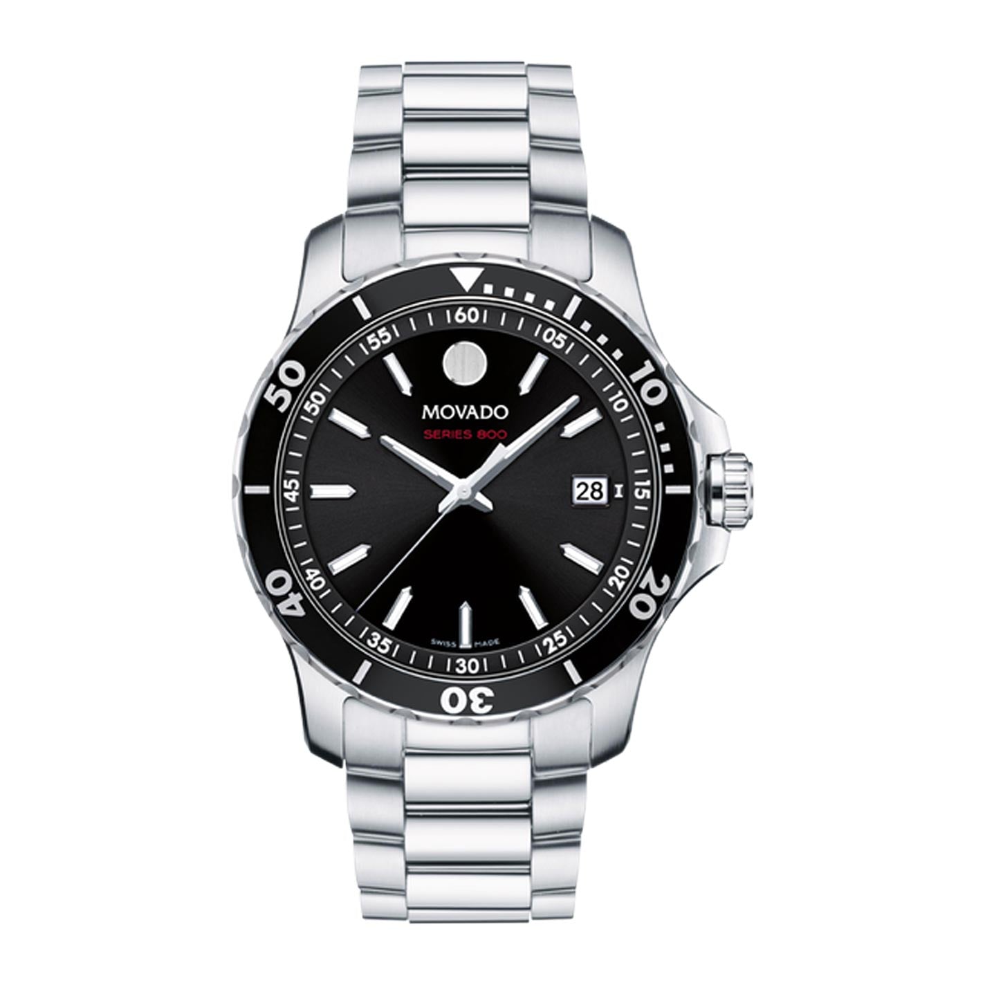 The Movado SE Quartz 41mm Watch is a testament to superior craftsmanship, featuring a silver case and black dial with sleek silver hour markers. The bezel is detailed with minute markings, and the date window is positioned at 3 o'clock. Finished with a Performance Steel metallic bracelet strap, this watch blends style and durability effortlessly.
