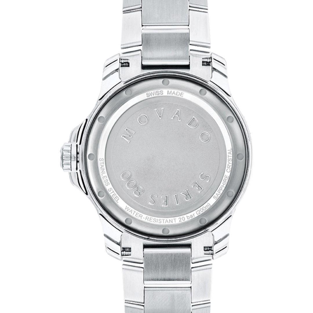 Back view of the Movado Series 800 Quartz 40mm Watch by Movado, highlighting engraved details on its round stainless steel case and metal bracelet, including water resistance and sapphire crystal specifications.