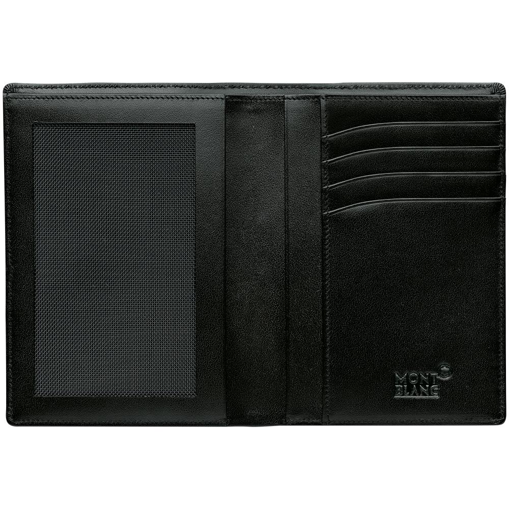 A black full-grain cowhide wallet reveals its interior, showcasing a mesh ID window on the left and four credit card pockets on the right. The Montblanc Meisterstuck 4cc Leather Wallet is embellished with the Montblanc logo embossed in the bottom right corner.