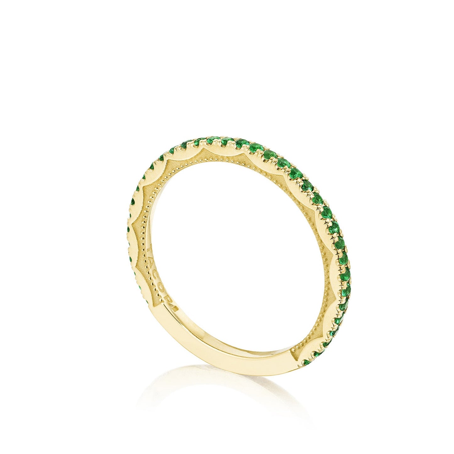 The Tacori Sculpted Crescent 18K Yellow Gold Round Brilliant Emerald Anniversary Ring features a delicate gold band adorned with small emerald gemstones, crafted for an elegant and minimalist look. The ring is photographed on a white background, highlighting its smooth texture and the sparkling stones set along the top.