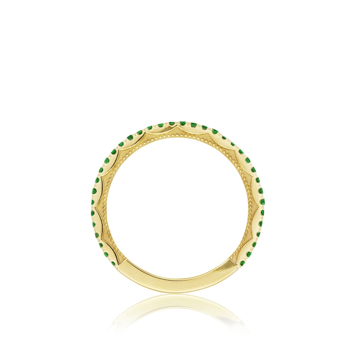 The Tacori Sculpted Crescent 18K Yellow Gold Round Brilliant Emerald Anniversary Ring is elegantly designed with a sleek gold band featuring small, evenly spaced round emeralds. Perfect as a unique engagement ring, it is showcased against a plain white background.