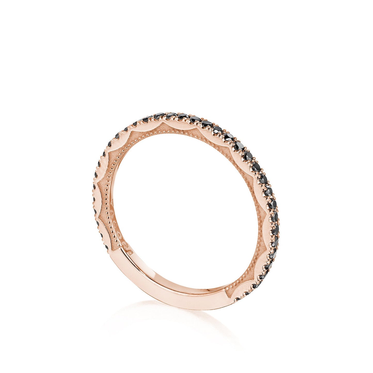 The Tacori Sculpted Crescent 18K Rose Gold Round Brilliant Black Diamond Anniversary Ring showcases a delicate design, featuring small black diamonds embedded along the band. Displayed upright on a plain white background, it highlights the blend of premium metal and exquisite craftsmanship characteristic of Tacori.