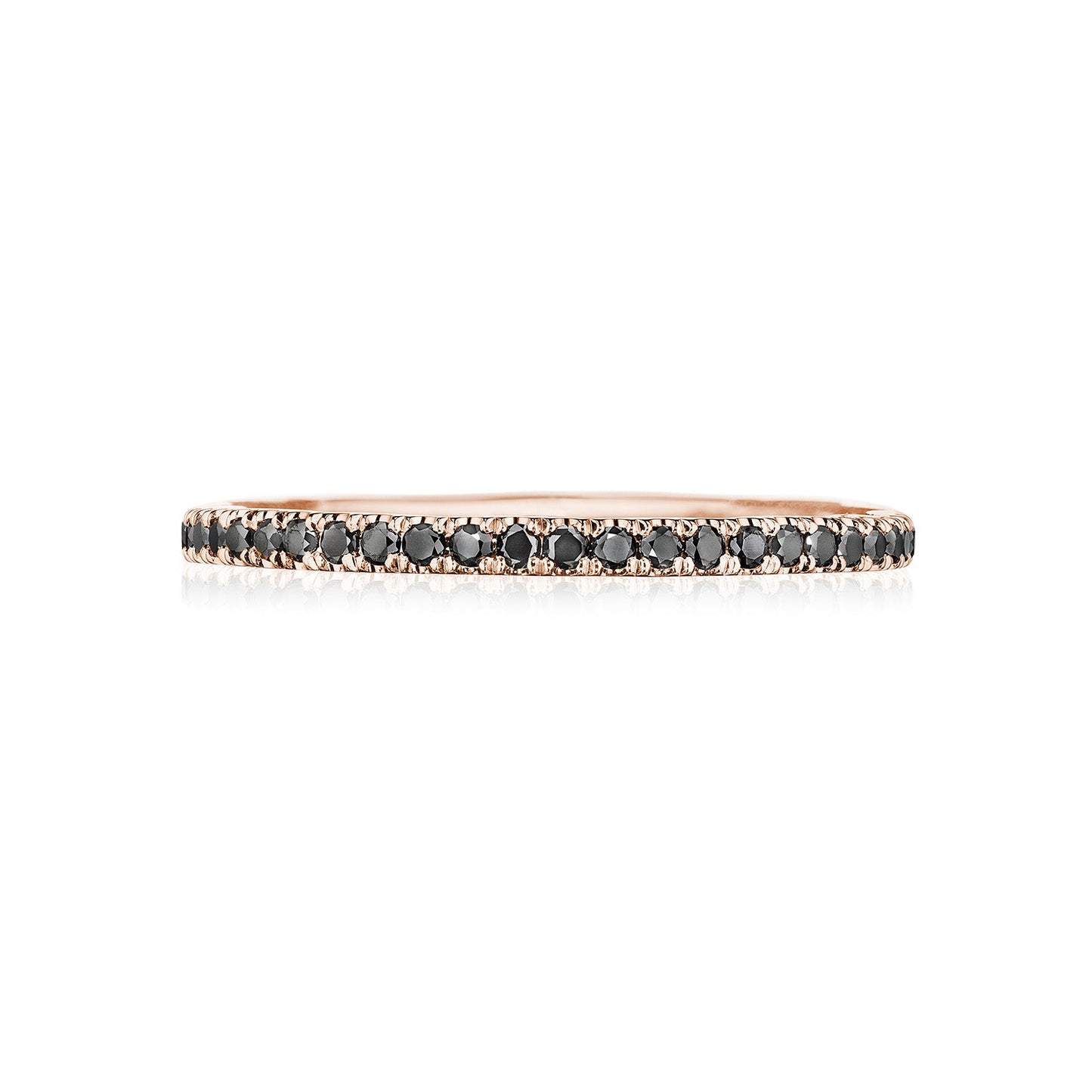 The Tacori Sculpted Crescent 18K Rose Gold Round Brilliant Black Diamond Anniversary Ring features a thin band embedded with small black diamonds throughout, set against a white background. Its minimalist design accentuates the ring's elegant and refined appearance, showcasing the famous craftsmanship of Tacori.