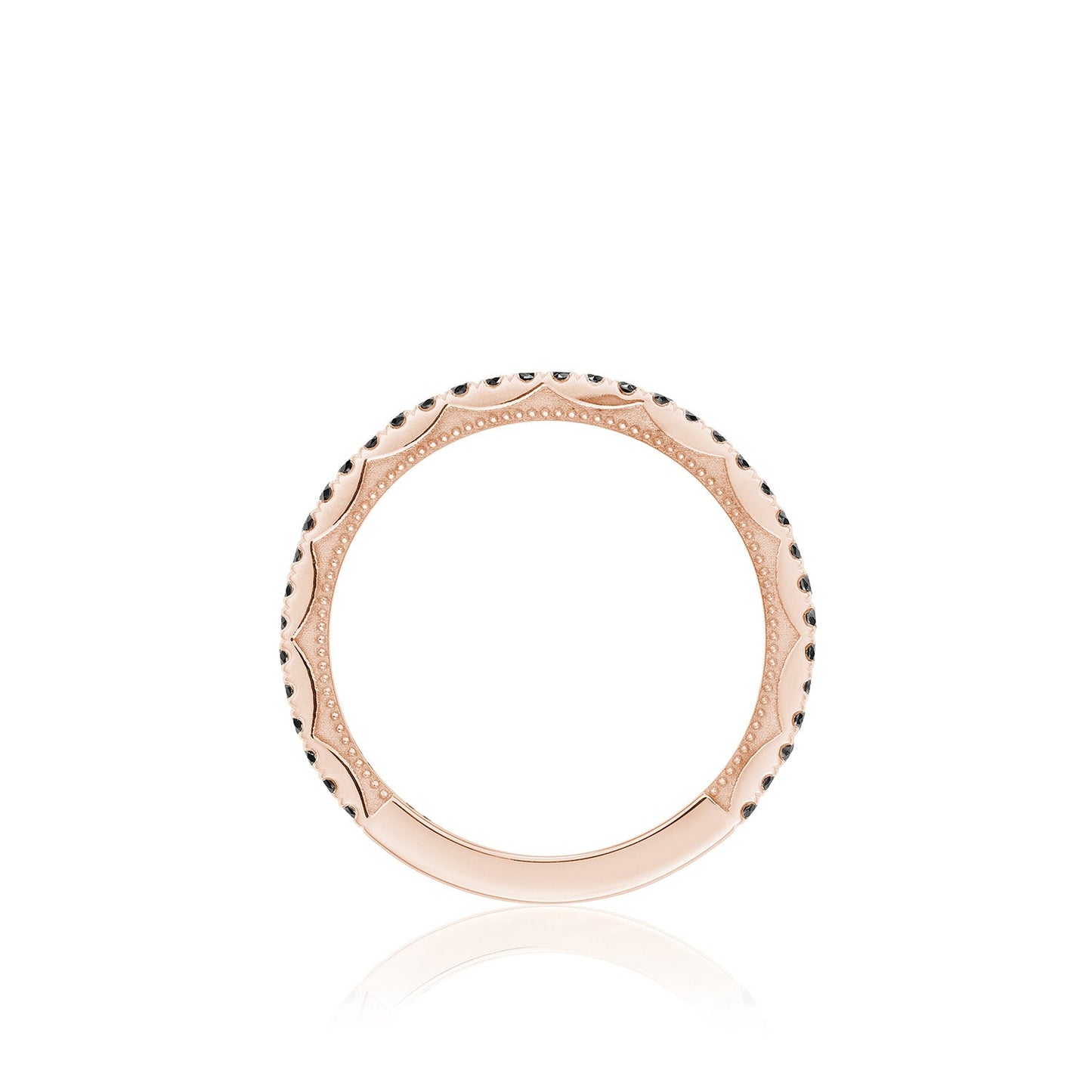 The Tacori Sculpted Crescent 18K Rose Gold Round Brilliant Black Diamond Anniversary Ring, featuring a delicate rose gold band with intricate dot details and small black diamond accents, is showcased against a white background.