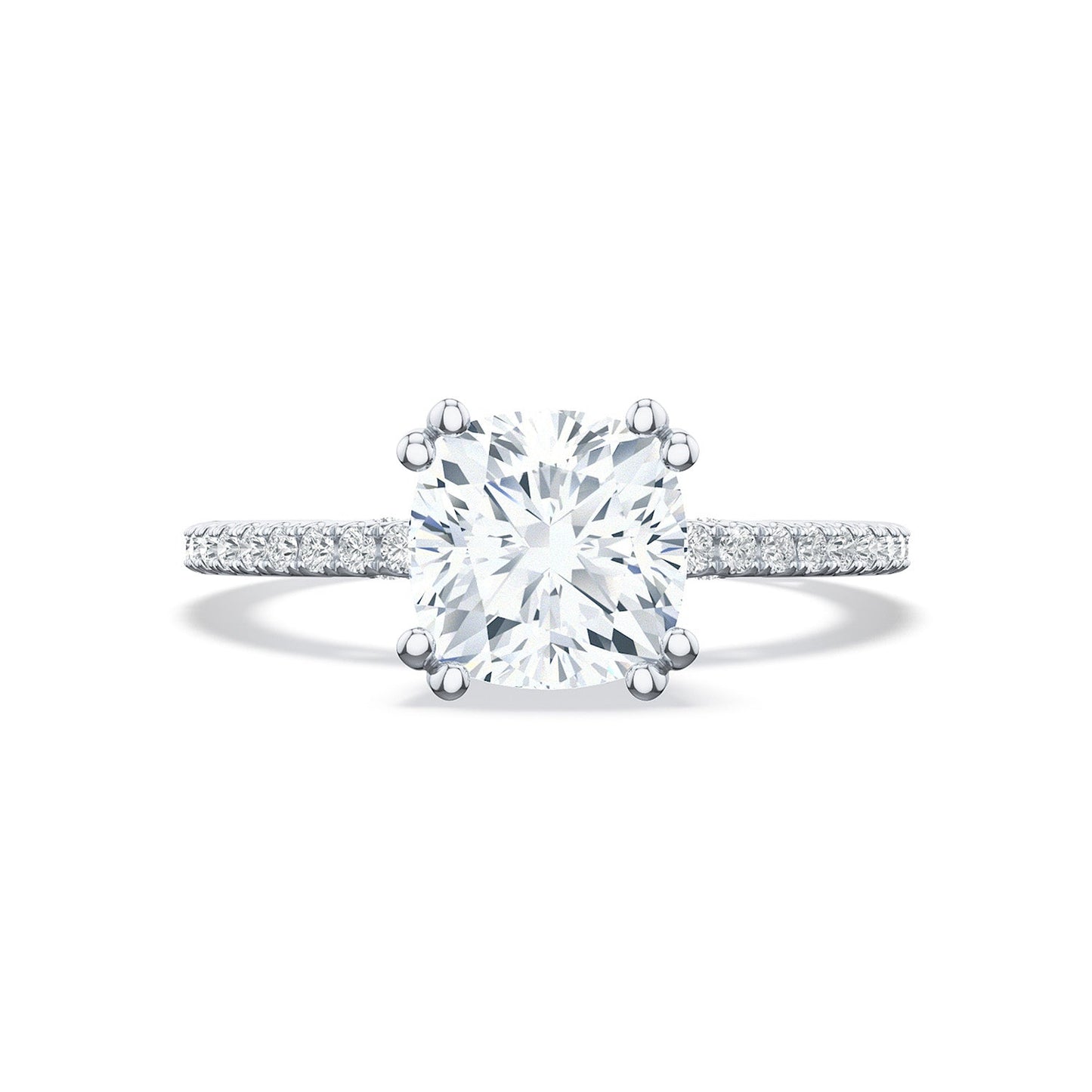 Featuring the Tacori Simply 18K White Gold Cushion Semi Mount with Diamond Band and Hidden Halo Engagement Ring, this exquisite Tacori piece highlights bridal details on a slender band adorned with pavé diamonds, accentuating the brilliance of the central gem with its cushion-cut design and six-prong setting.