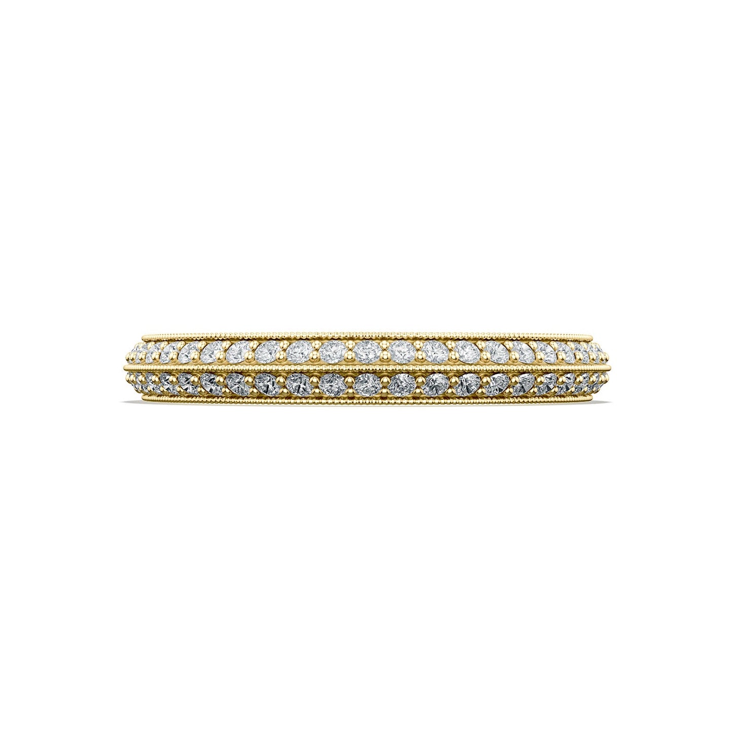 A Tacori Sculpted Crescent 18K Yellow Gold Round Brilliant Diamond Eternity Ring, adorned with a row of sparkling diamonds set amidst intricate gold detailing, gleams from the side against a white background.