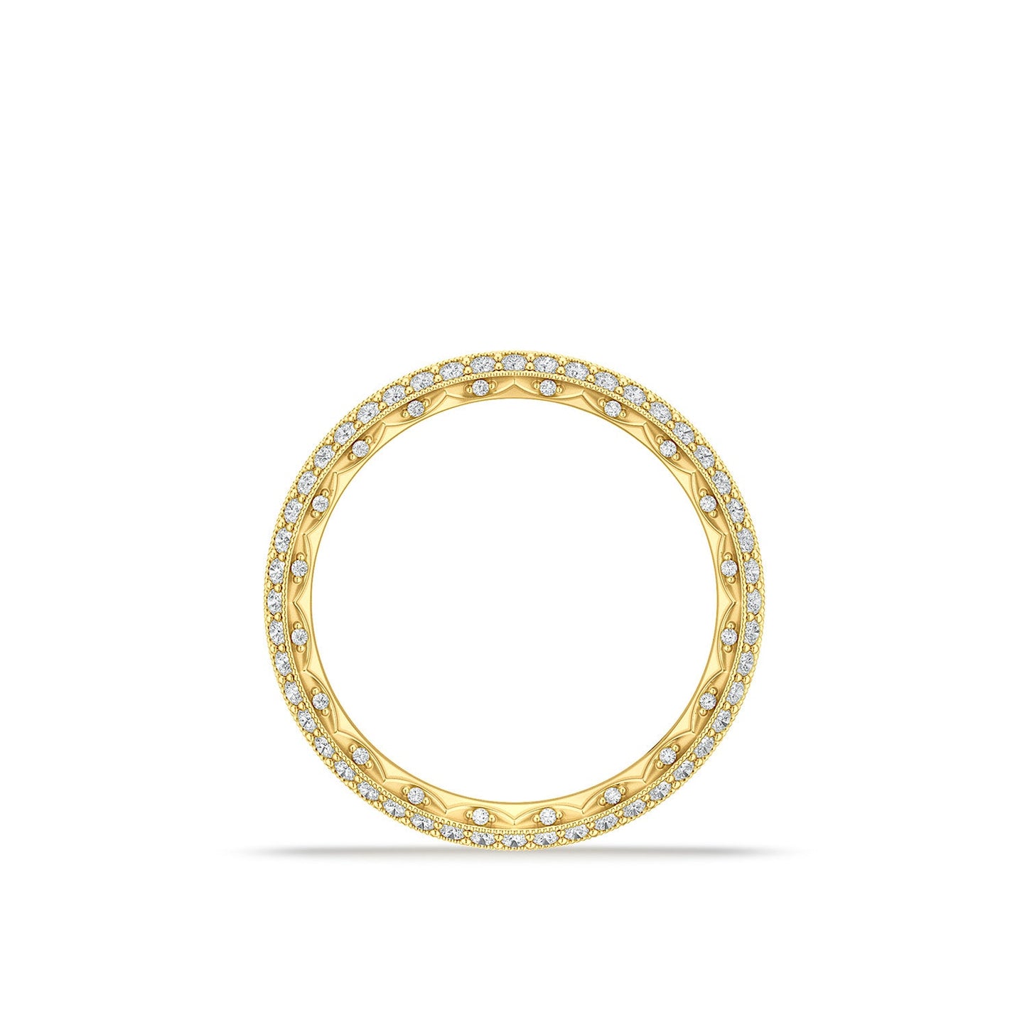 A close-up of the Tacori Sculpted Crescent 18K Yellow Gold Round Brilliant Diamond Eternity Ring is shown against a white background. The diamonds encircle the entire ring, offering this Tacori piece a sparkling appearance.