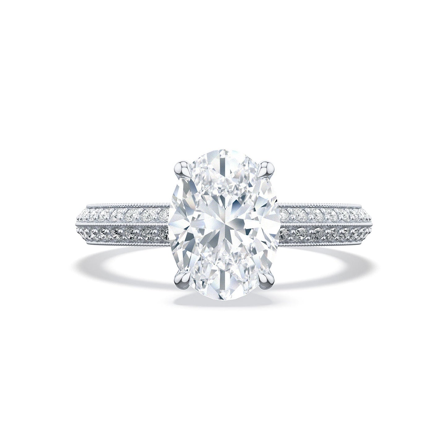Introducing the Tacori Sculpted Crescent 18K White Gold Oval Solitaire Semi Mount Engagement Ring with Diamond Band. This stunning piece features a prominent oval center setting on a sleek white gold band, enhanced by delicate, sparkling diamonds that showcase elegance and luxury. Crafted by the expert gemologists at Tacori, it embodies timeless beauty and sophistication.