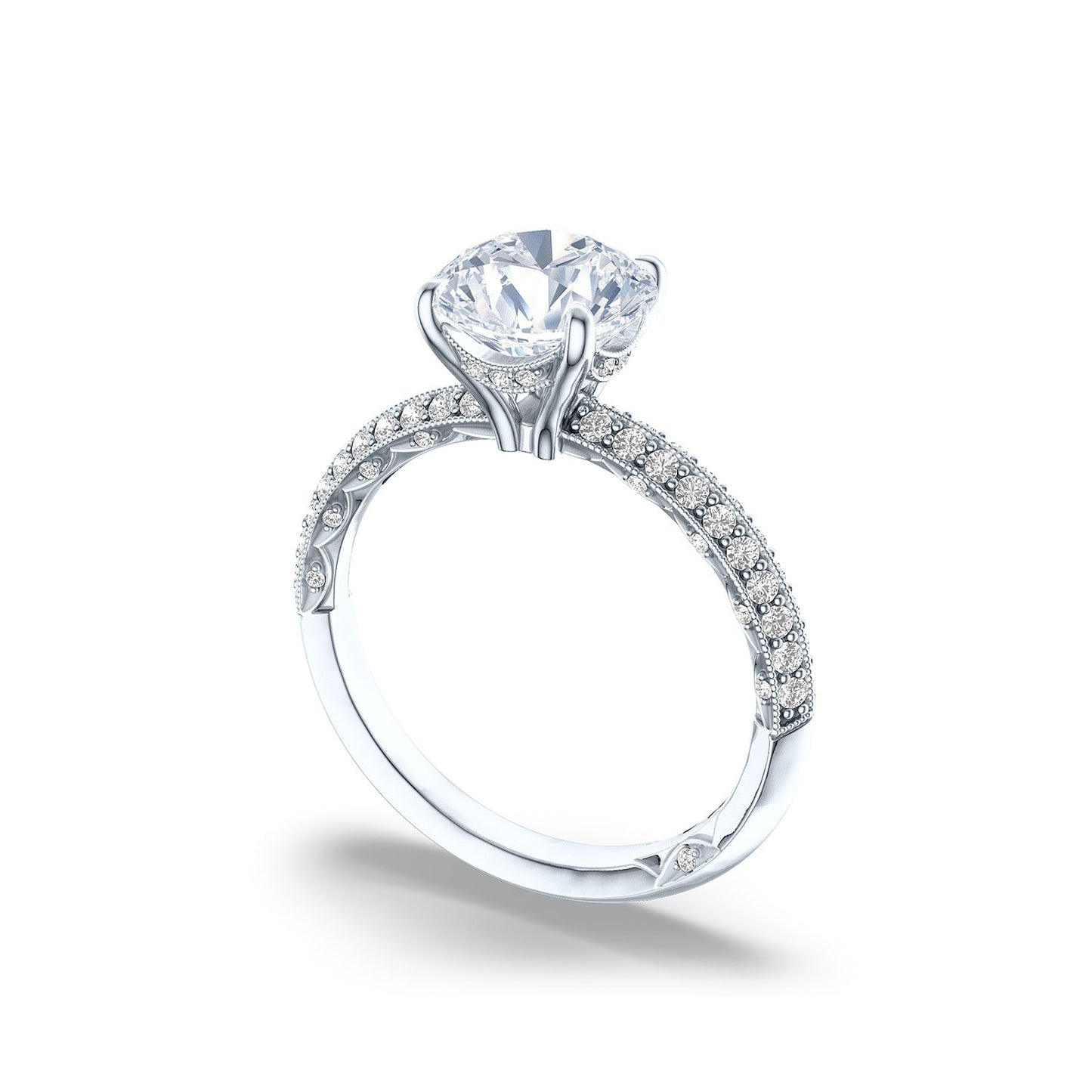 Featuring a Tacori Sculpted Crescent 18K White Gold Round Brilliant Solitaire Semi Mount Engagement Ring, this piece showcases a prominent round-cut diamond at the center and smaller diamonds elegantly embedded along the band. Displayed on a light background, it embodies the exquisite design synonymous with Tacori gemologists.