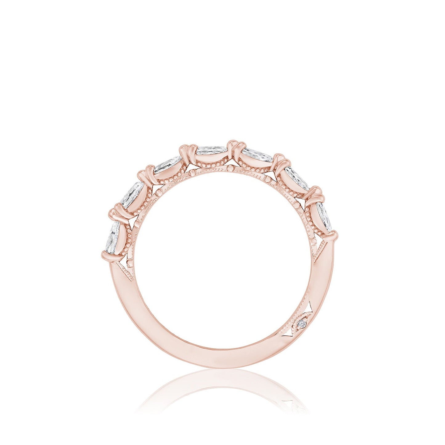 The Tacori Pear Foundation 18K Rose Gold Pear Diamond Anniversary Ring boasts an intricate design with small diamonds adorning the top half. Displayed in the Sculpted Crescent style against a white backdrop, it highlights its elegant and detailed craftsmanship—truly a stunning addition to the world of engagement rings.