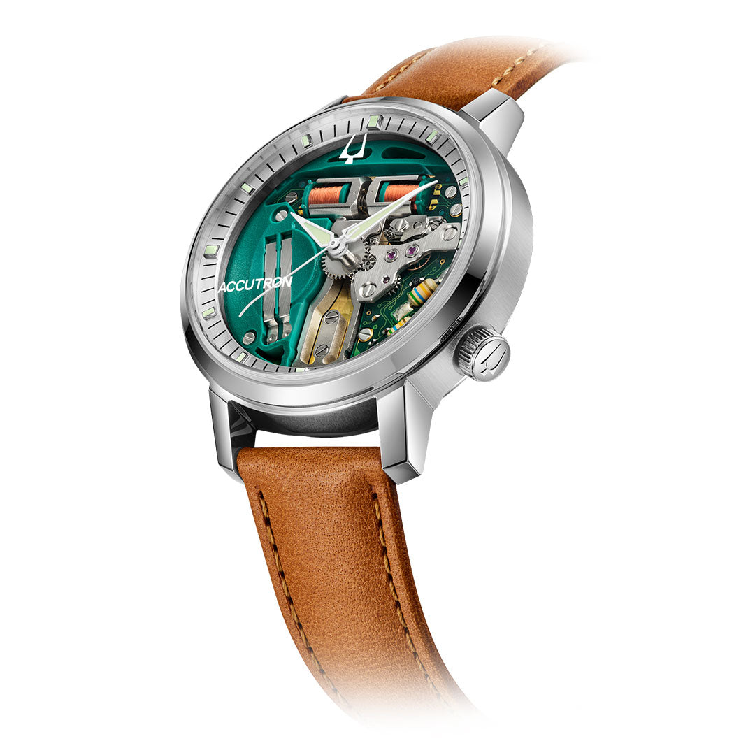 The Accutron Spaceview 314 Tuning Fork Quartz 39mm Watch features a brown leather strap, silver case, green skeleton dial displaying the inner workings and Accutron logo, and showcases precise tuning fork technology.