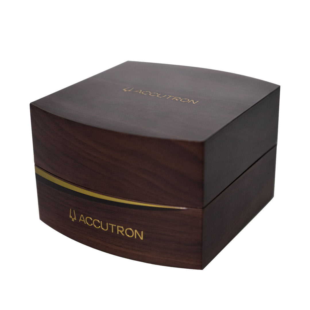 A dark wooden Accutron watch box with gold lettering and curved design, featuring the Accutron logo—ideal for displaying your Accutron Astronaut Automatic 41mm Watch or other red dial or GMT automatic timepieces.