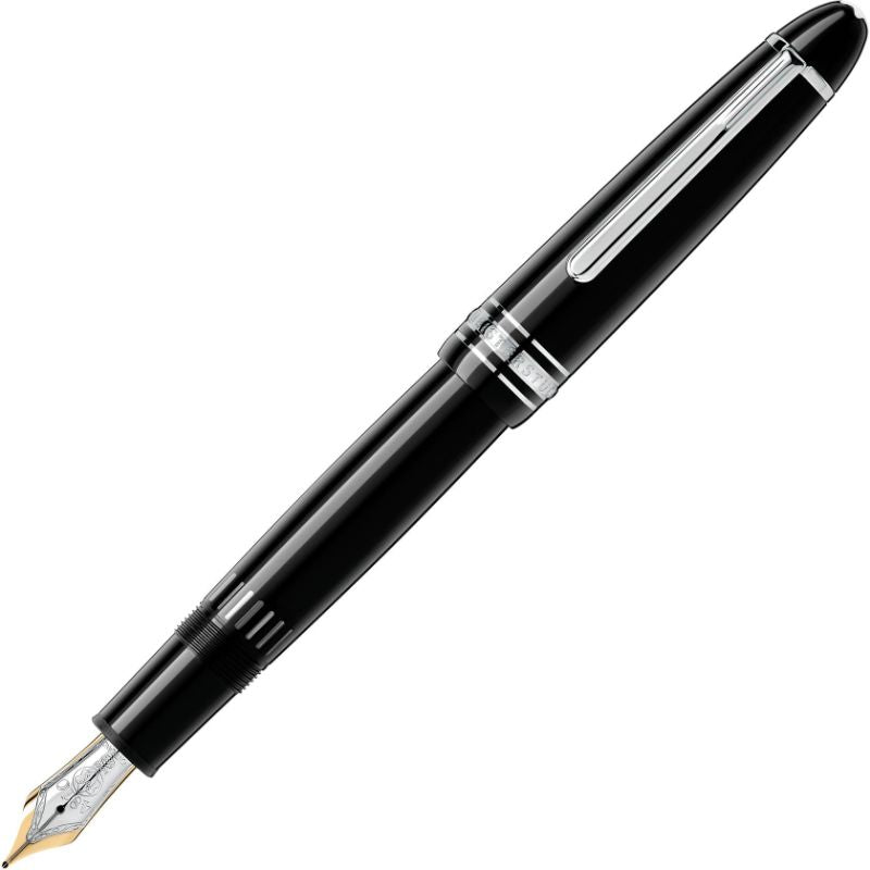 A sophisticated Montblanc Meisterstuck LeGrand Fountain Pen in black with silver accents, featuring a pointed nib that is elegantly angled to the right on a white background. This pen represents luxury writing through its refined design and exquisite resin craftsmanship.
