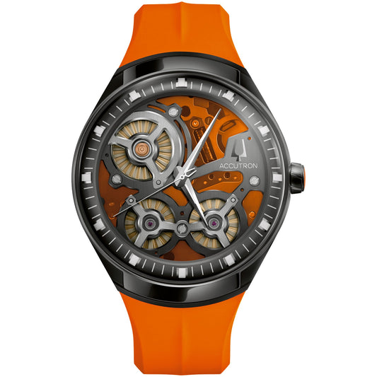 A close-up of the Accutron DNA Casino Electrostatic 45.1mm Watch reveals its intricate mechanism, complete with exposed gears and cogs. The watch face proudly displays the "Accutron" logo, indicating its cutting-edge electrostatic energy movement. Complemented by an orange strap, this luxury men's timepiece exhibits metallic elements with a sleek, modern aesthetic.