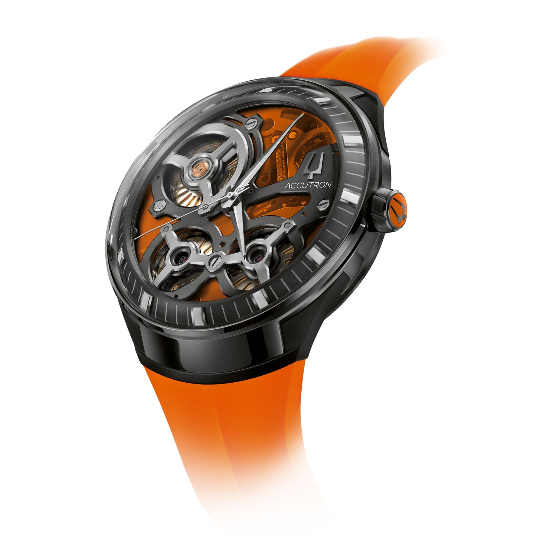 A detailed view of the Accutron DNA Casino Electrostatic 45.1mm Watch reveals its sophisticated dial with an electrostatic energy movement. This luxury men’s watch is adorned with a vivid orange strap and an elegant black casing, prominently featuring the Accutron branding on its face.