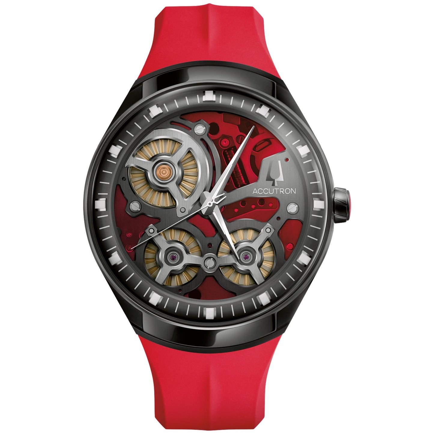 Explore the luxury of the Accutron DNA Casino Electrostatic 45.1mm Watch, a men's timepiece encapsulating the essence of Accutron with its exposed mechanical movement enhanced by electrostatic energy. The vibrant red dial and strap are elegantly contrasted by silver accents, showcasing intricate gears beneath a transparent cover.