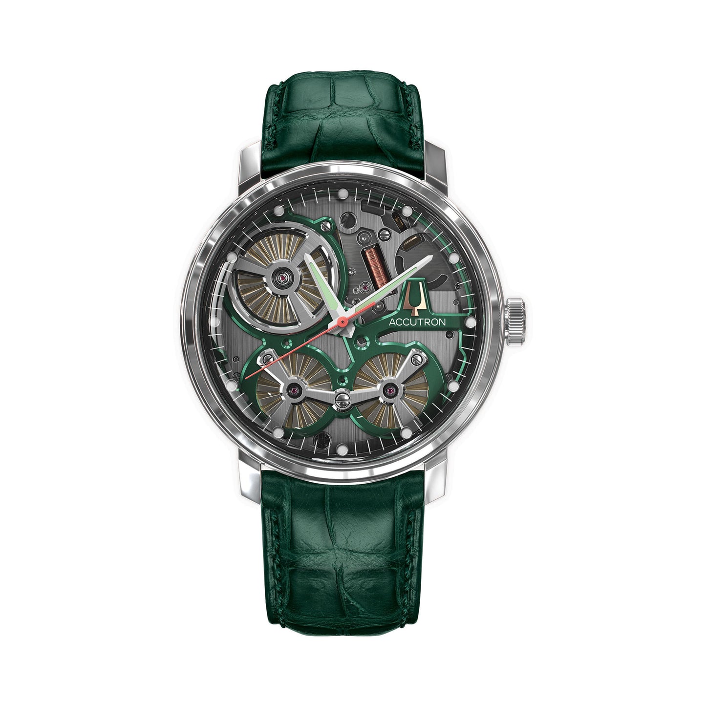 The Accutron Spaceview 2020 Electrostatic 43.5mm Watch Limited Edition is a sophisticated men's luxury watch featuring a transparent dial that reveals intricate gears beneath. It boasts an electrostatic movement, green crocodile leather strap, and silver accents, complete with the Accutron logo near the 3 o'clock position. The hands have a sleek and modern design.