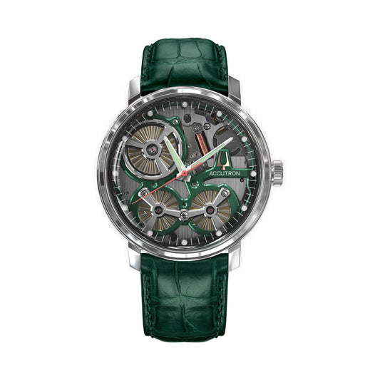 The Accutron Spaceview 2020 Electrostatic 43.5mm Watch Limited Edition is a sophisticated men's luxury watch featuring a transparent dial that reveals intricate gears beneath. It boasts an electrostatic movement, green crocodile leather strap, and silver accents, complete with the Accutron logo near the 3 o'clock position. The hands have a sleek and modern design.
