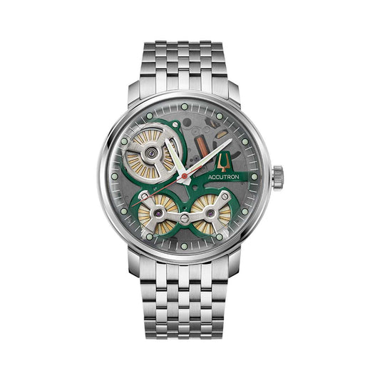 The Accutron Spaceview 2020 Electrostatic 43.5mm Watch is a luxurious men's timepiece with a silver design featuring a transparent face that showcases its intricate gears and electrostatic movement. Its metal link band adds to its sophisticated appearance, with the "Accutron" brand name prominently displayed on the dial.