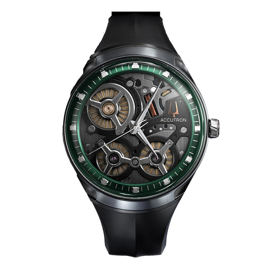 This luxury men's timepiece, the Accutron DNA Electrostatic 45.1mm Watch by Accutron, features a sleek black leather strap and an open dial that showcases its intricate mechanical gears. The green bezel contrasts elegantly with the metallic and black components, while silver hands and markers enhance its sophisticated design.