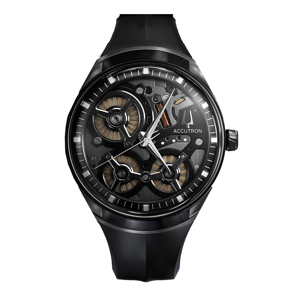 The Accutron DNA Electrostatic 45.1mm Watch by Accutron highlights a luxurious men's timepiece with a transparent dial that reveals intricate gears set within an elegant black design. The unique Accutron DNA accentuates the dial, enhanced by silver hands and hour markers. It is encased in stainless steel and comes with a stylish black strap.