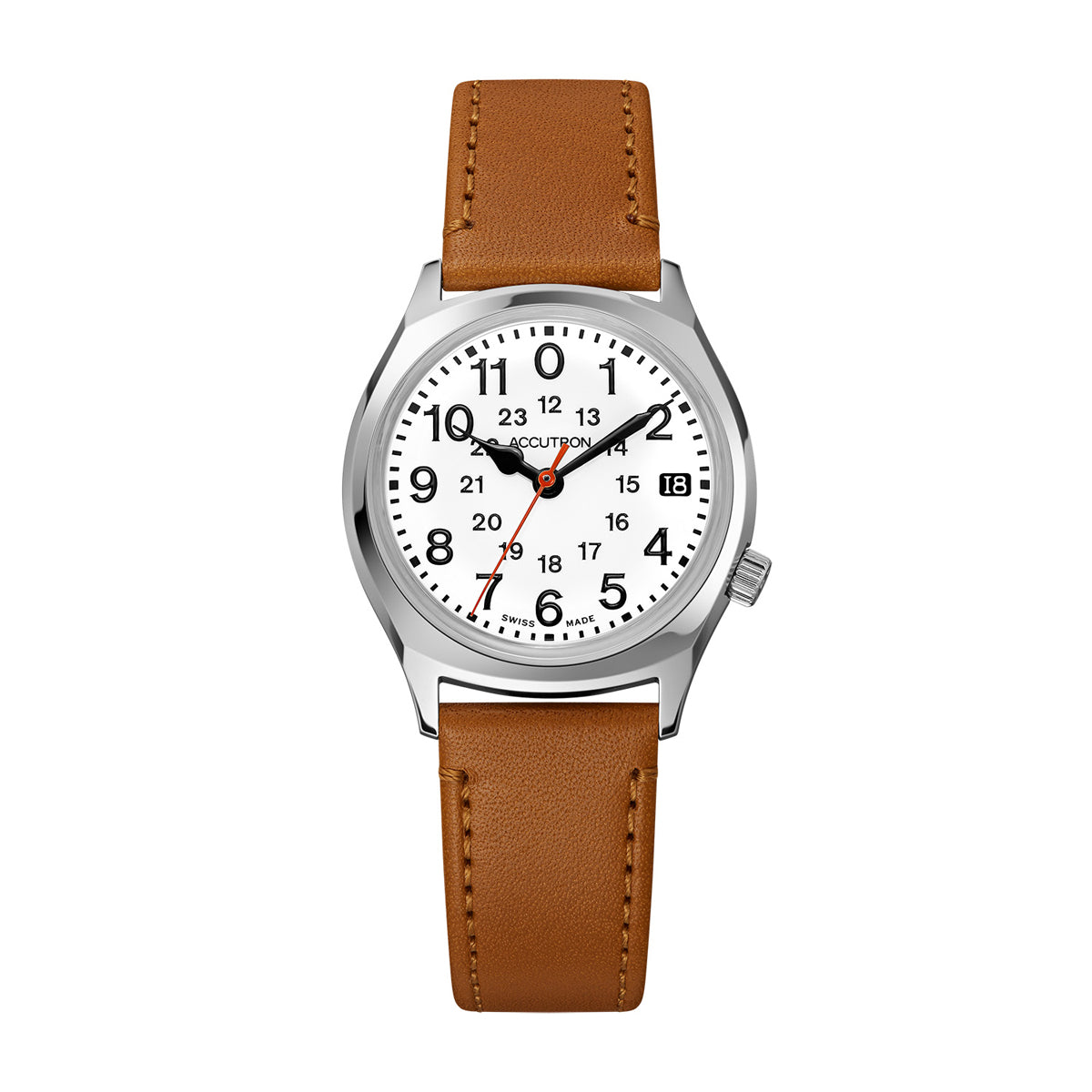 The Accutron Legacy Automatic 34mm Watch by Accutron showcases a round silver railroad case complemented by a white dial and a brown saddle leather strap. It includes black Arabic numerals, smaller red 24-hour markers, black hands, and a red second hand, along with a date window positioned at 3 o'clock.