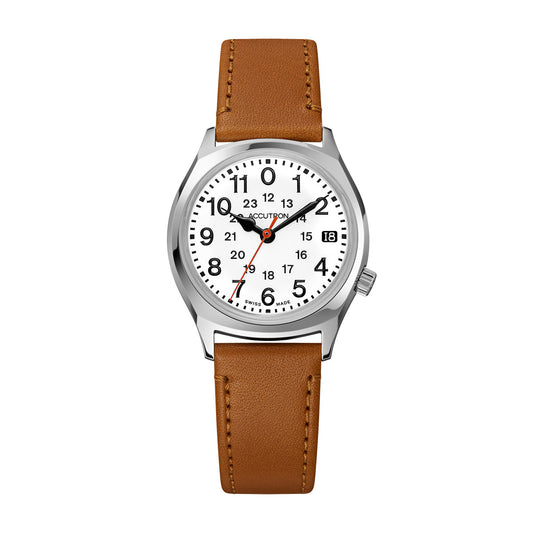 The Accutron Legacy Automatic 34mm Watch by Accutron showcases a round silver railroad case complemented by a white dial and a brown saddle leather strap. It includes black Arabic numerals, smaller red 24-hour markers, black hands, and a red second hand, along with a date window positioned at 3 o'clock.