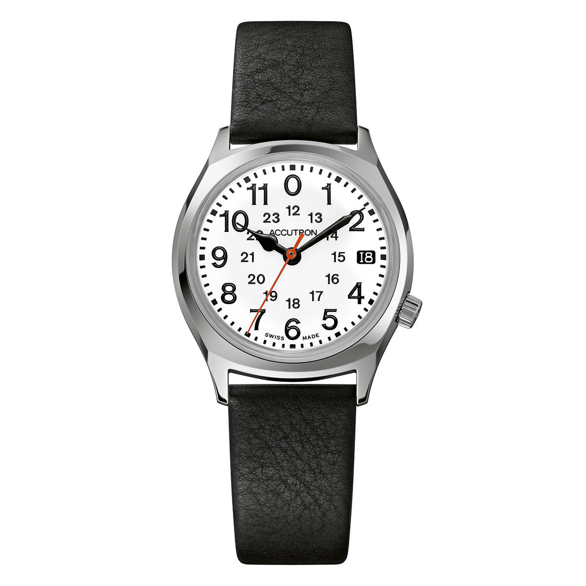 The Accutron Legacy Automatic 34mm Watch, from the esteemed Accutron brand, features a sleek black leather strap and a polished silver railroad case. Its white dial is adorned with black Arabic numerals and hands, complemented by an orange second hand that moves elegantly. The hallmark of the watch sits just below the 12 o'clock position.