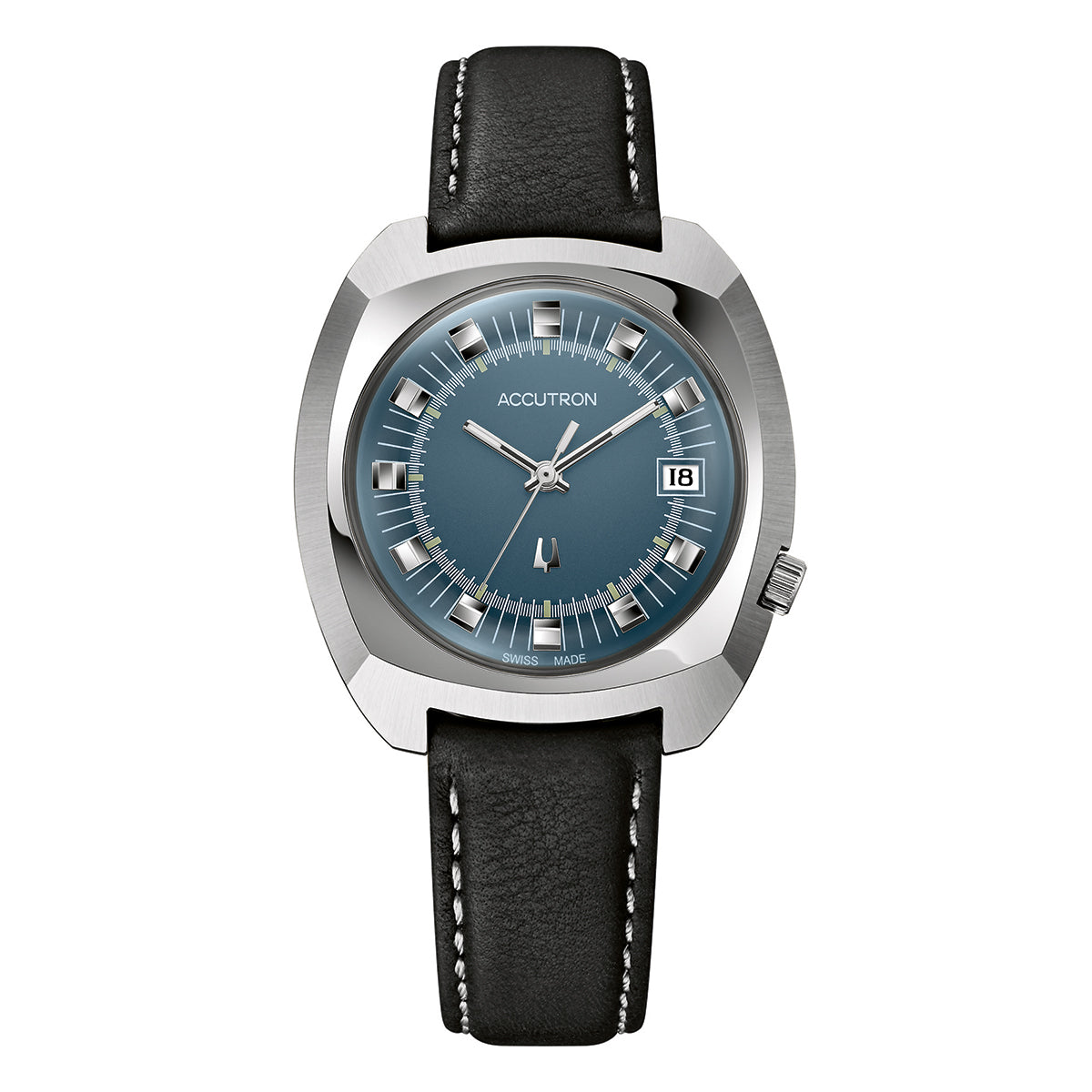 Introducing the Accutron Legacy Automatic 38.5mm Watch, a sleek timepiece from Accutron. It features a Swiss-made automatic movement and showcases a round blue face with silver hour markers and hands. A date display at three o'clock enhances its functionality, while the silver-toned case is elegantly complemented by a black leather strap detailed with white stitching.